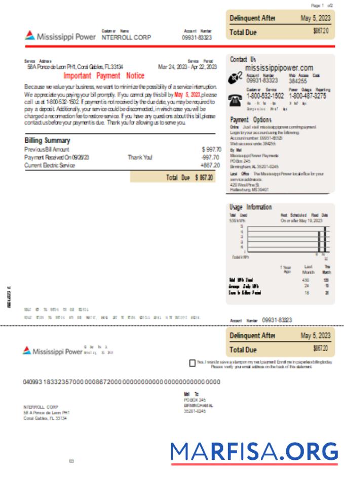 Realistic Mississippi Power utility business bill, page 1, SCR template